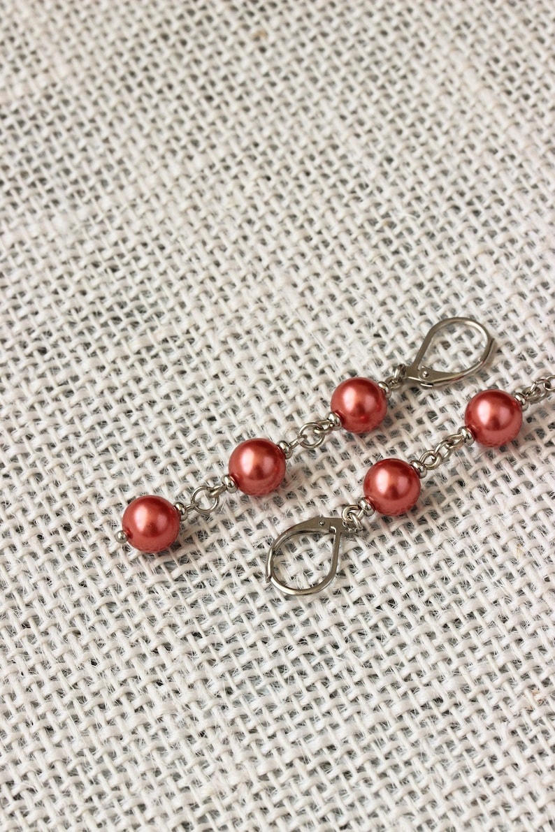 Long Triple Red Pearl Earrings Steel Pearl Dangle Bright Drop Earrings Elegant Red Silver Earrings Red Pearl Jewelry Three Beads Earrings image 6