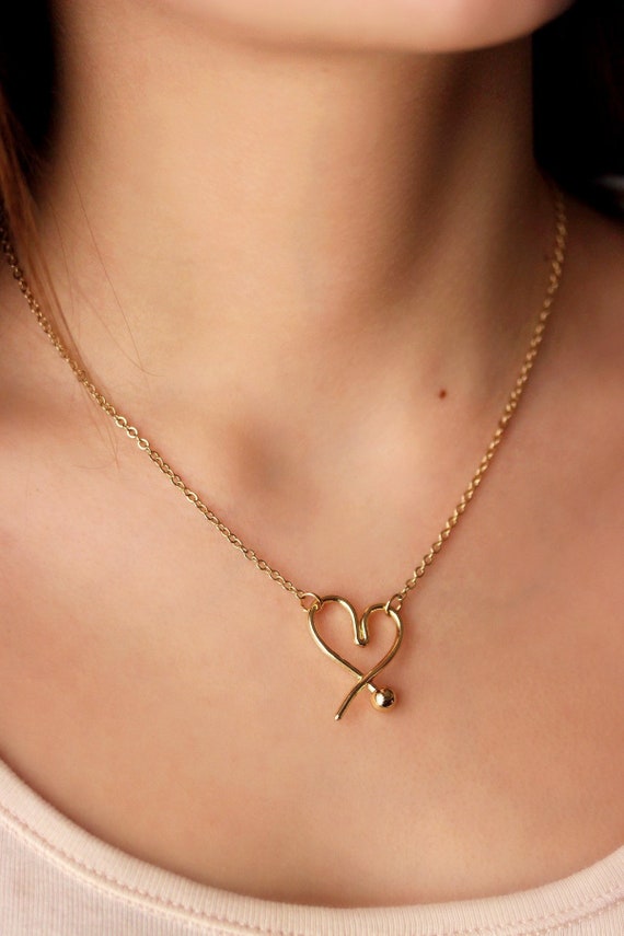 Gold Heart Pendant Necklace Open Simple - Gold Heart Pendant Necklace