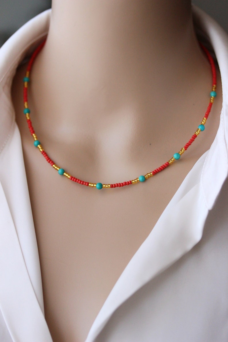 Multicolor Necklace Red Gold Seed Beads Choker with Turquoise Stone Dainty Boho Choker Unique Handmade Summer Choker Everyday Thin Necklace image 2