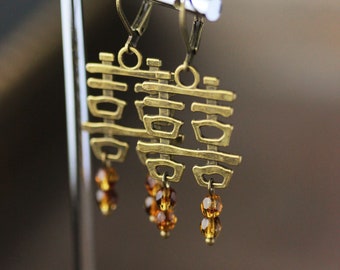 Double Happiness Symbol Earring Boho Brass Asian Style Earring Lucky Talisman Jewelry Calligraphy Earring Asia Lovers Gift Happiness Symbol