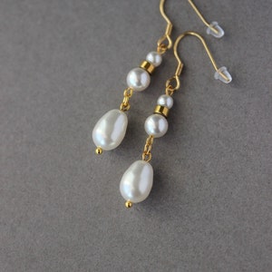 White Pearl Drop Earrings Unique White Pearl Beaded Earring Long White Gold Earrings Dangle Wedding Earrings One of a Kind Bridal Earring image 2