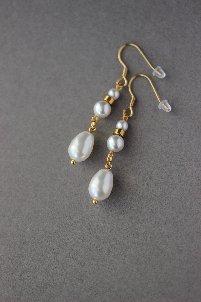 White Pearl Drop Earrings Unique White Pearl Beaded Earring Long White Gold Earrings Dangle Wedding Earrings One of a Kind Bridal Earring image 2