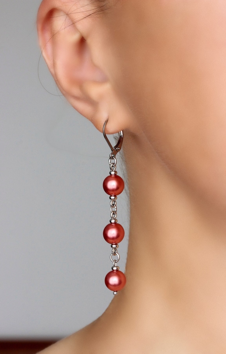 Long Triple Red Pearl Earrings Steel Pearl Dangle Bright Drop Earrings Elegant Red Silver Earrings Red Pearl Jewelry Three Beads Earrings image 5