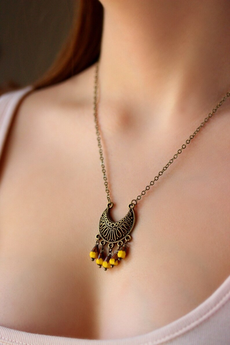 Antique Brass Pendant Necklace Brass Boho Necklace Yellow Tiny Etsy