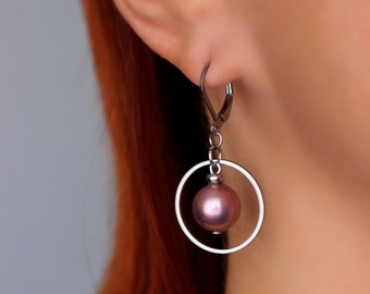 Dark Pink Pearl Dangle Earrings Steel Open Ring Earrings Geometric Silver Earrings Simple Everyday Pearl Earring Elegant Pink Pearl Jewelry