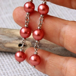 Long Triple Red Pearl Earrings Steel Pearl Dangle Bright Drop Earrings Elegant Red Silver Earrings Red Pearl Jewelry Three Beads Earrings image 3