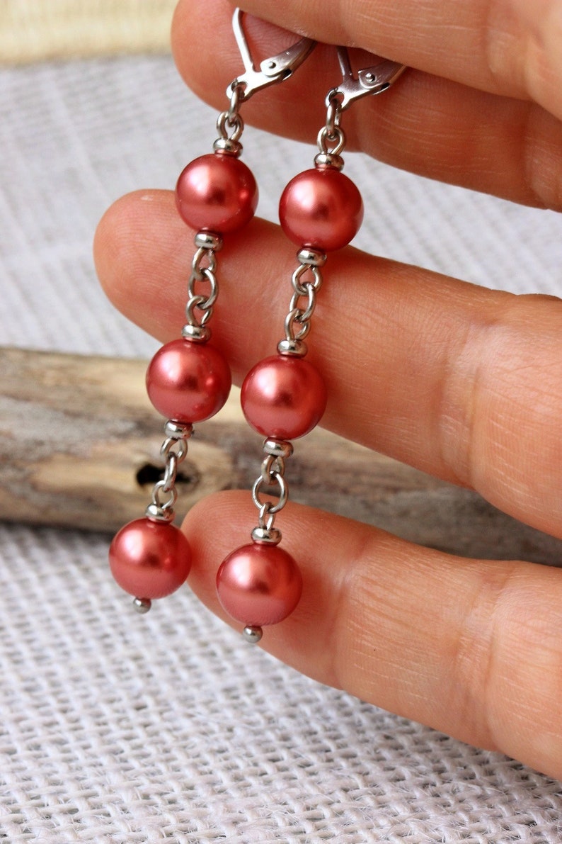 Long Triple Red Pearl Earrings Steel Pearl Dangle Bright Drop Earrings Elegant Red Silver Earrings Red Pearl Jewelry Three Beads Earrings image 3