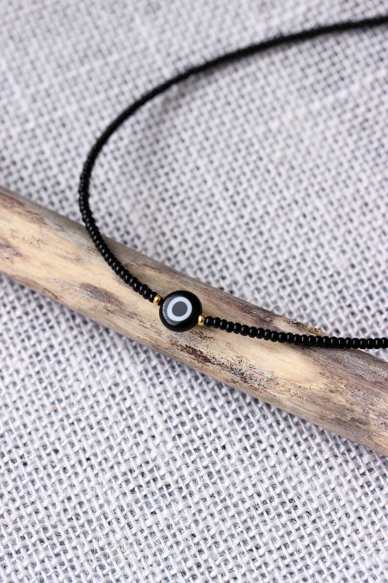 Black Peacock Evil Eye Pendant Black Amulet Necklace Thin Seed Beadd Choker Black Boho Necklace Black Seed Beads Choker Good Luck Necklace 