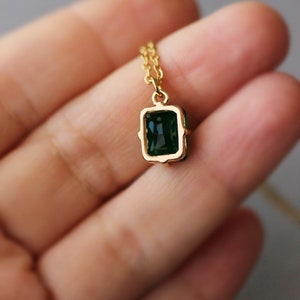 Dainty Green Crystal Necklace Minimalist Small Rectangular Green Glass Pendant Short Green Gold Necklace Emerald Glass Pendant Necklace image 5