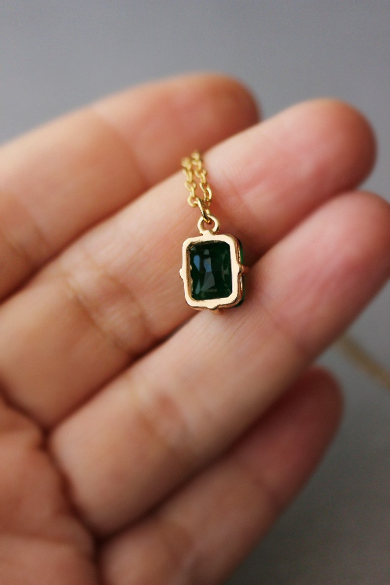 Dainty Green Crystal Necklace Minimalist Small Rectangular Green Glass Pendant Short Green Gold Necklace Emerald Glass Pendant Necklace image 5