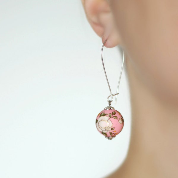 Pink Earrings, Flower Earring, Pink Painted Earrings, Pink and White Rose,Dangle Earrings,Pink Silver Earring,Earring with flowers,Romantic