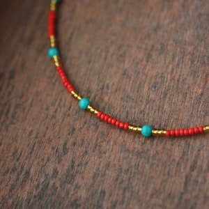 Multicolor Necklace Red Gold Seed Beads Choker with Turquoise Stone Dainty Boho Choker Unique Handmade Summer Choker Everyday Thin Necklace image 4