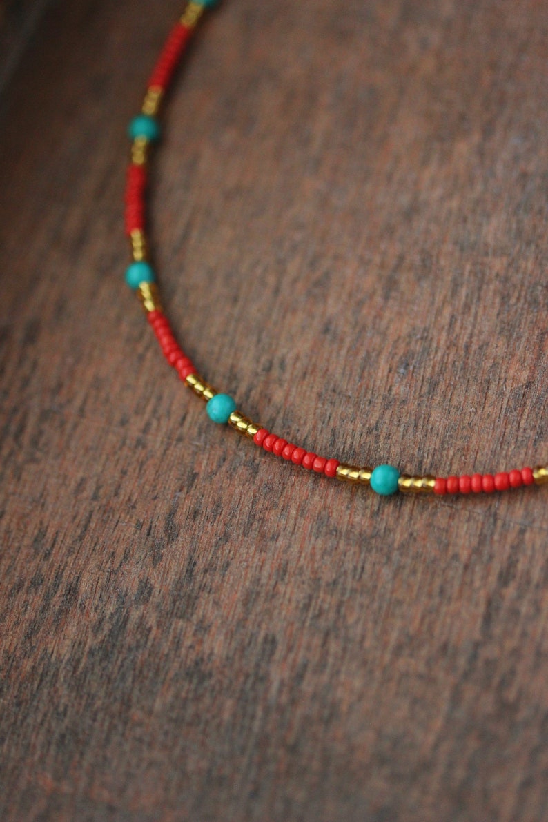 Multicolor Necklace Red Gold Seed Beads Choker with Turquoise Stone Dainty Boho Choker Unique Handmade Summer Choker Everyday Thin Necklace image 4