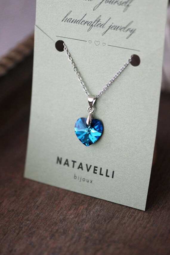 Blue crystal heart necklace sale