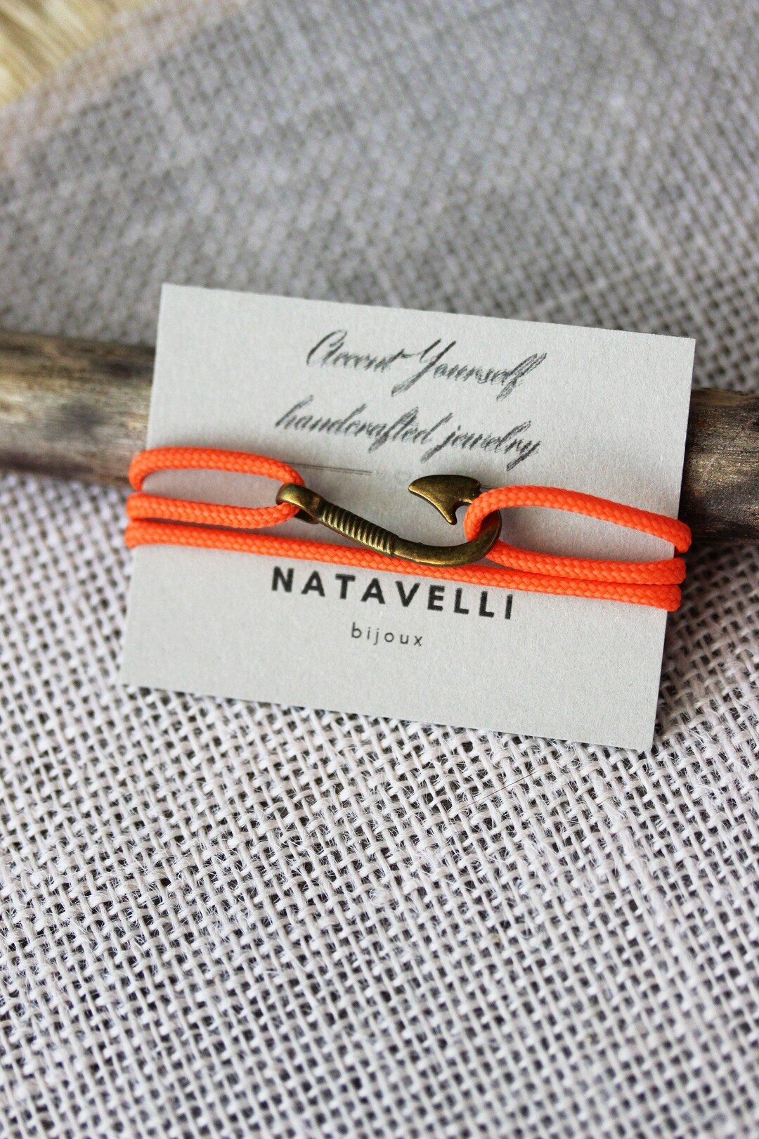 Orange Rope Bracelet With Antique Brass Fish Hook Nautical Sea Theme