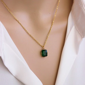 Dainty Green Crystal Necklace Minimalist Small Rectangular Green Glass Pendant Short Green Gold Necklace Emerald Glass Pendant Necklace image 4