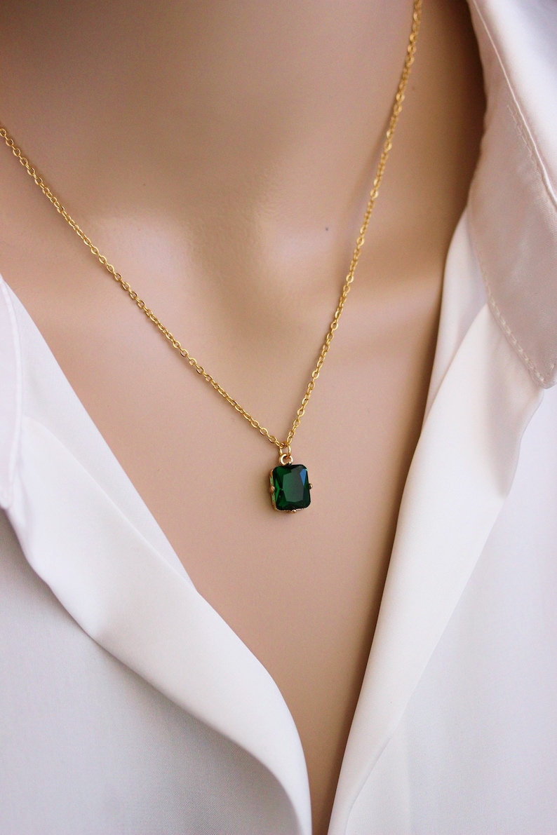 Dainty Green Crystal Necklace Minimalist Small Rectangular Green Glass Pendant Short Green Gold Necklace Emerald Glass Pendant Necklace image 4