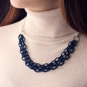 Chain Necklace Multistrand Blue Fabric Chain Necklace Silver Blue Necklace Multistrand Necklace Textile Chain Necklace Marine Sea Jewelry image 4