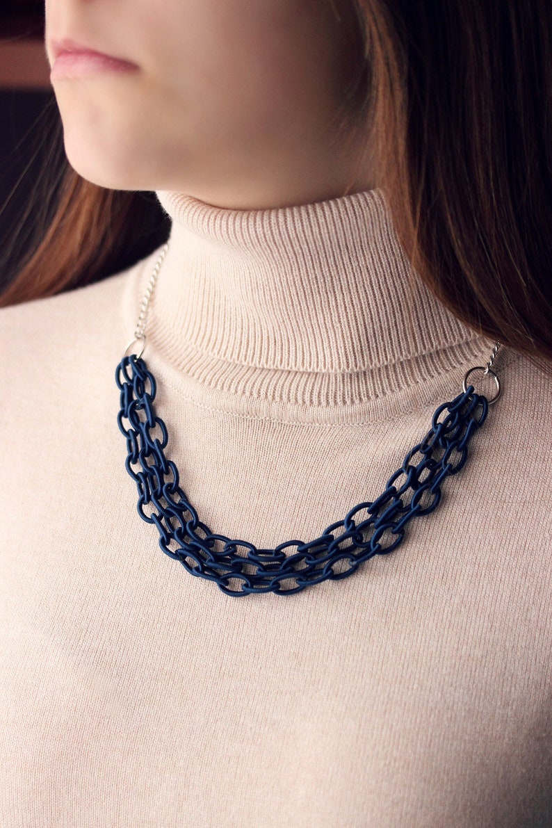 Chain Necklace Multistrand Blue Fabric Chain Necklace Silver Blue Necklace Multistrand Necklace Textile Chain Necklace Marine Sea Jewelry image 4