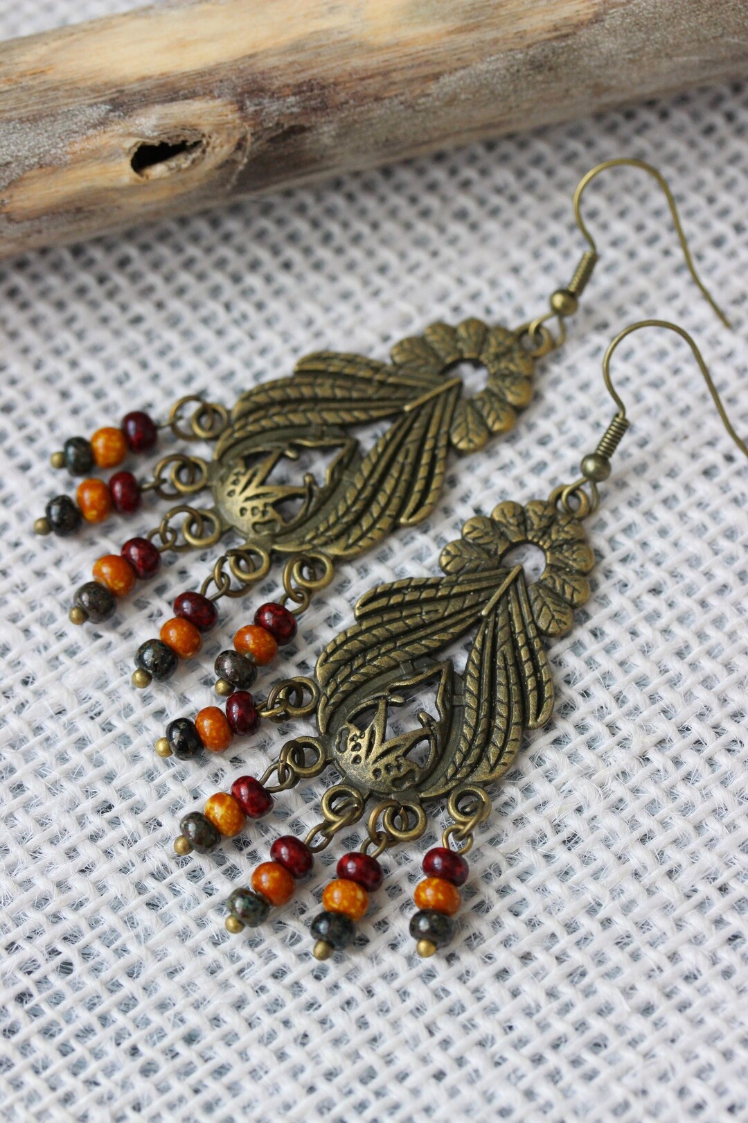 Big Brass Chandelier Earrings Vintage Style Earring Peacock Feather