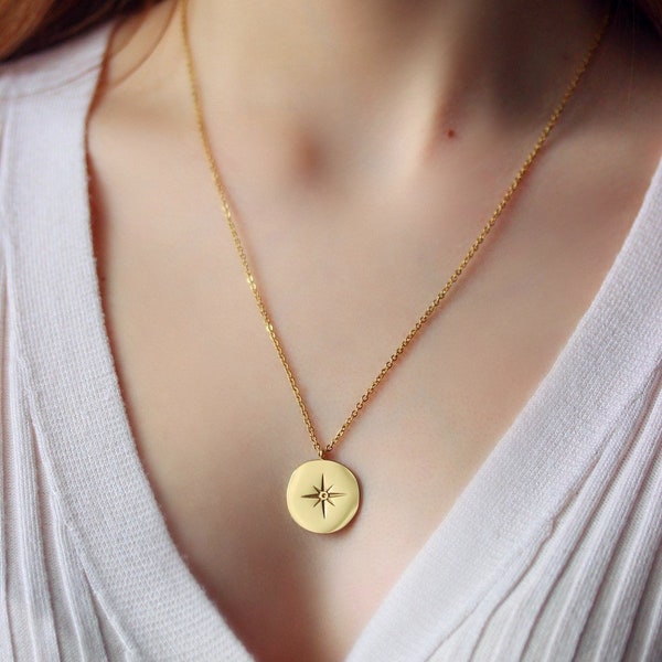 Gold North Star Coin Necklace Celestial Coin Necklace Gold Stamped Star Pendant Steel Chain Medallion Necklace North Star Coin Pendant Gift