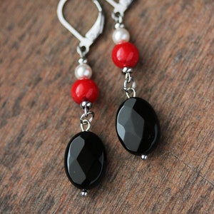 Long Natural Stone Beaded Earrings Black Onyx Red Coral Beads Earrings Unique Boho Earrings Stone Dangle Earring Oval Beads Earring For her image 7