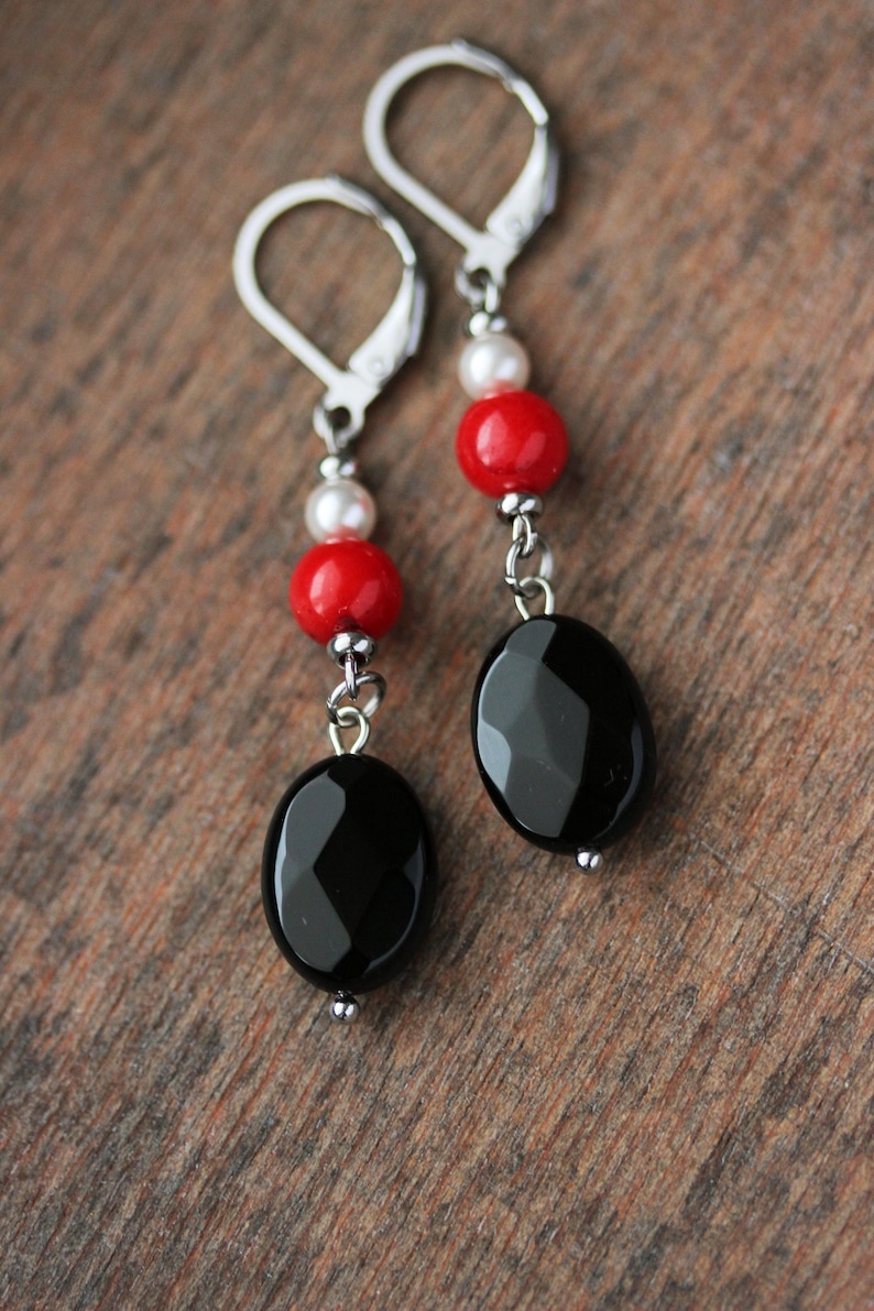 Long Natural Stone Beaded Earrings Black Onyx Red Coral Beads Earrings Unique Boho Earrings Stone Dangle Earring Oval Beads Earring For her image 7