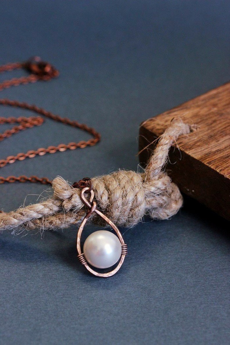 Copper Pearl Necklace Copper Hoop Pendant Copper Pearl Pendant Etsy