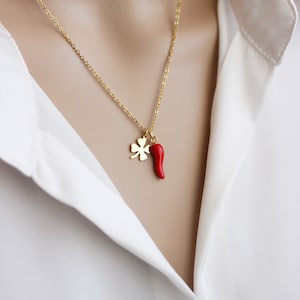 Good Luck Charms Necklace Chili Pepper Pendant Clover Leaf Pendant Boho Pink Gold Necklace Italian Horn Necklace Trendy Birthday Woman Gift image 3