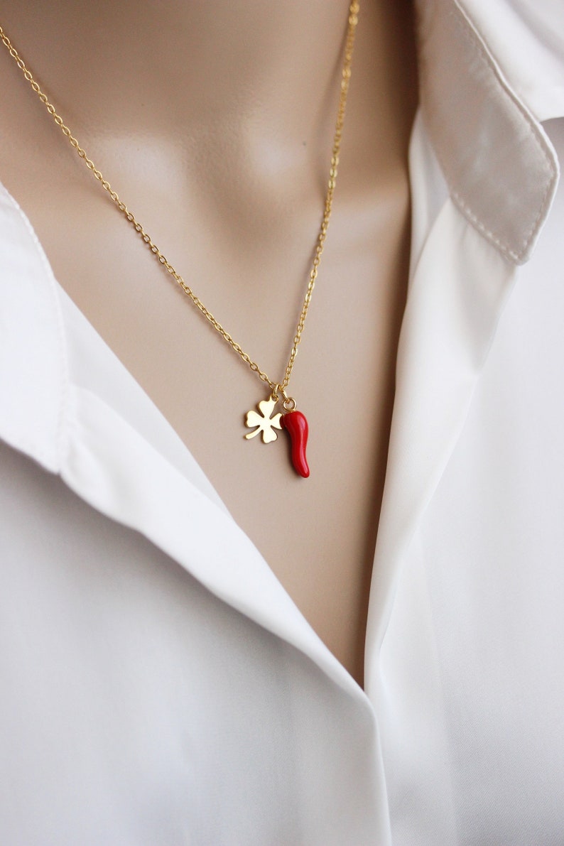 Good Luck Charms Necklace Chili Pepper Pendant Clover Leaf Pendant Boho Pink Gold Necklace Italian Horn Necklace Trendy Birthday Woman Gift image 3