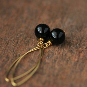 Long Black Onyx Stone Earrings Black Stone Sphere Earrings Dangle Gold Earrings Elegant Simple Earring Trendy Unique Gold Steel Hook Earring image 2