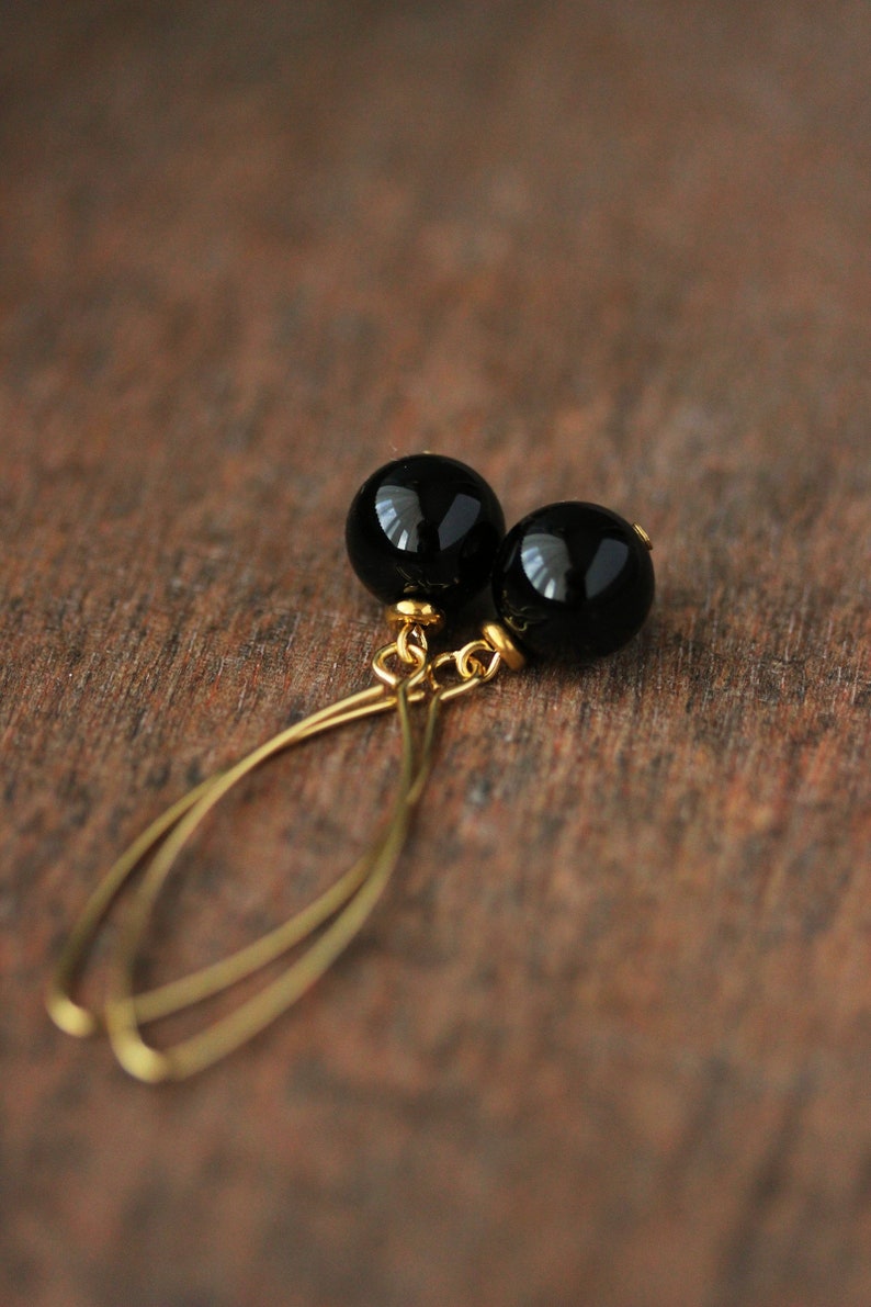 Long Black Onyx Stone Earrings Black Stone Sphere Earrings Dangle Gold Earrings Elegant Simple Earring Trendy Unique Gold Steel Hook Earring image 2