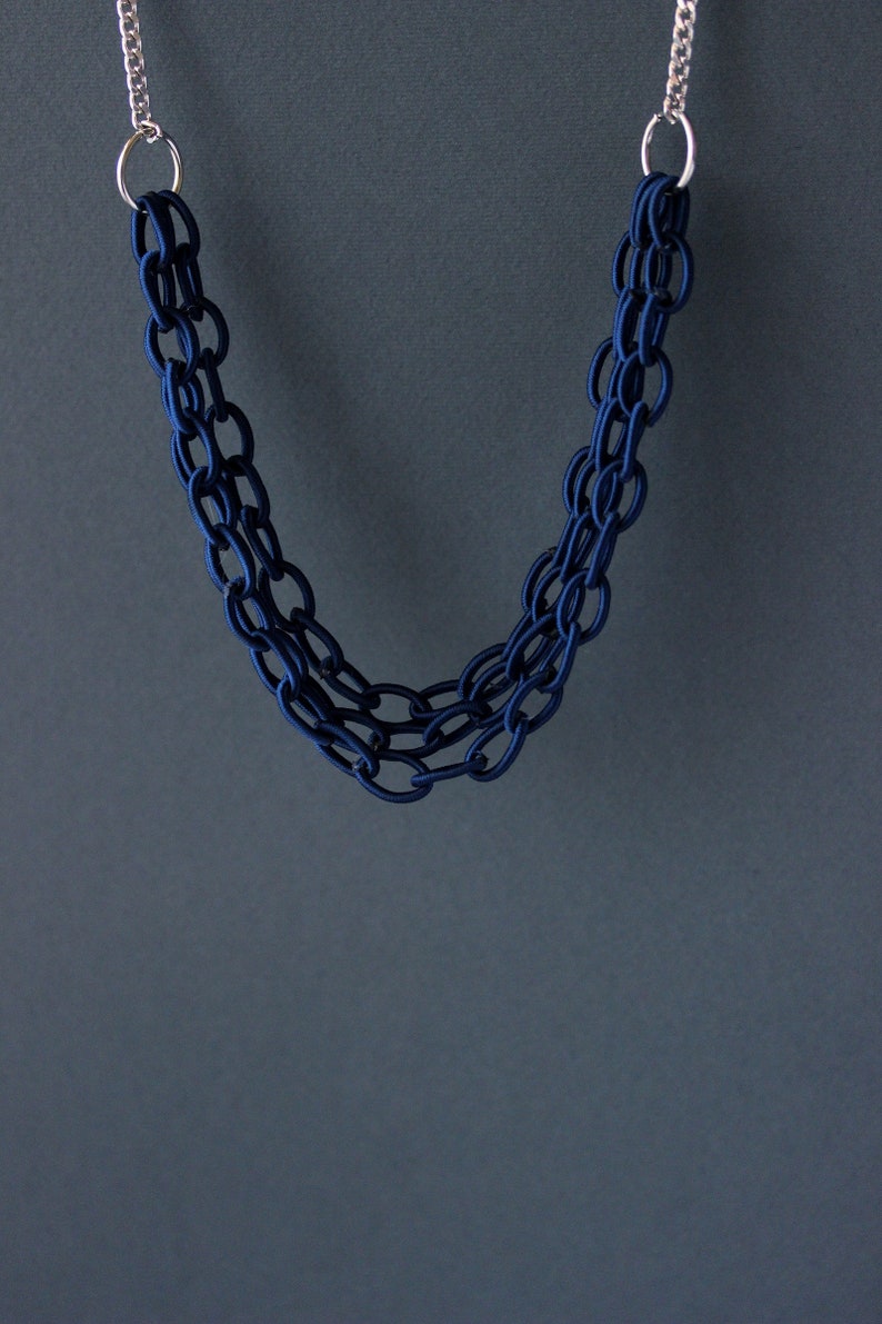 Chain Necklace Multistrand Blue Fabric Chain Necklace Silver Blue Necklace Multistrand Necklace Textile Chain Necklace Marine Sea Jewelry image 2