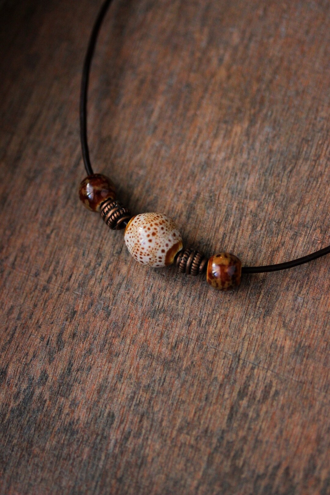 Brown Ceramic Beads Necklace Brown Leather Cord Necklace Short Etsy