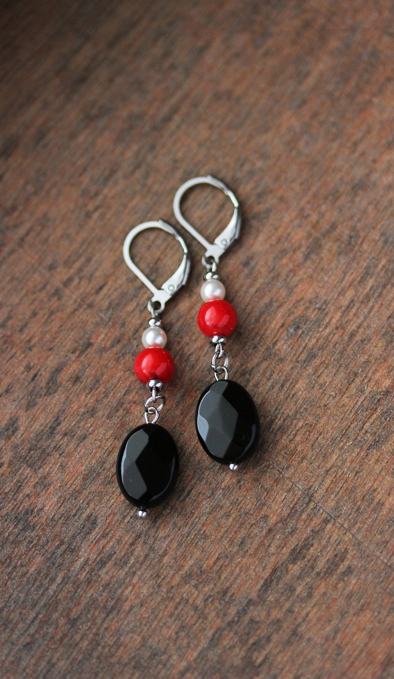 Long Natural Stone Beaded Earrings Black Onyx Red Coral Beads Earrings Unique Boho Earrings Stone Dangle Earring Oval Beads Earring For her image 1