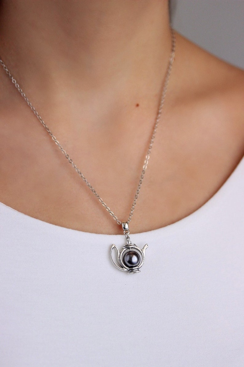 Teapot Necklace Gray Pearl Teapot Necklace Silver Tone Teapot Pendant Teapot Jewelry Tea Lovers Gift Cute Everyday Necklace Tea Jewelry 