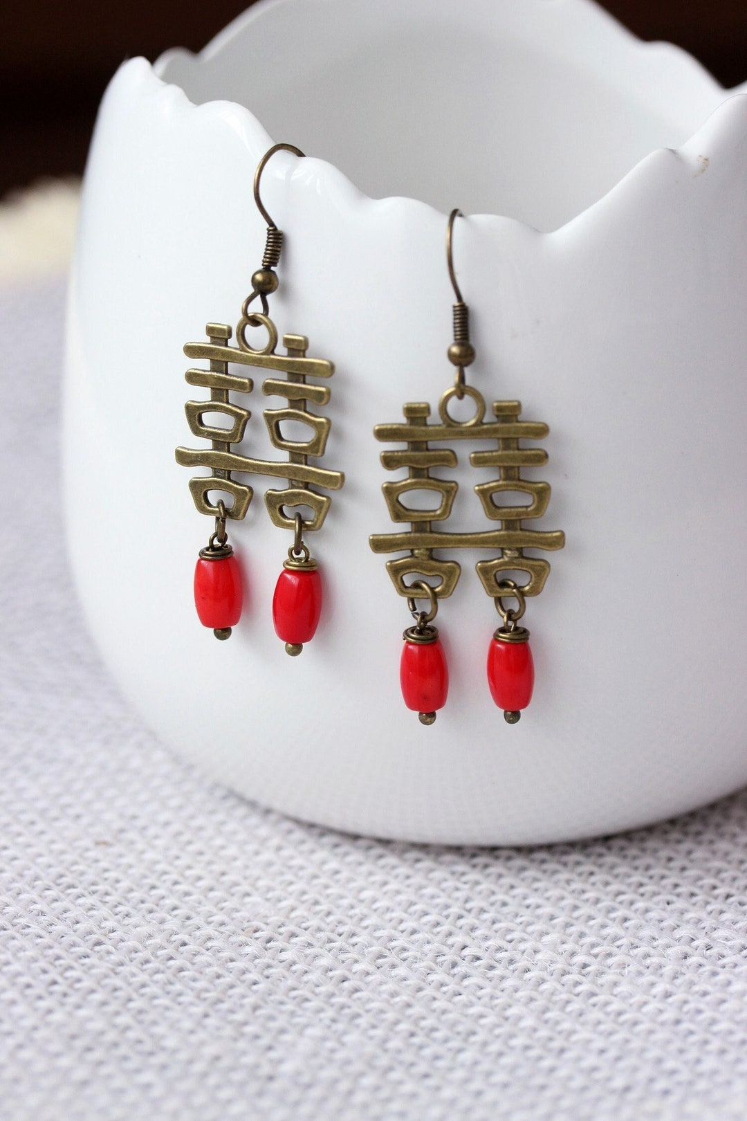 Red Coral Beaded Earrings Antique Brass Dangles Unique Asian - Etsy