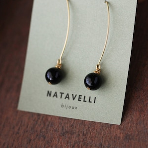 Long Black Onyx Stone Earrings Black Stone Sphere Earrings Dangle Gold Earrings Elegant Simple Earring Trendy Unique Gold Steel Hook Earring image 4