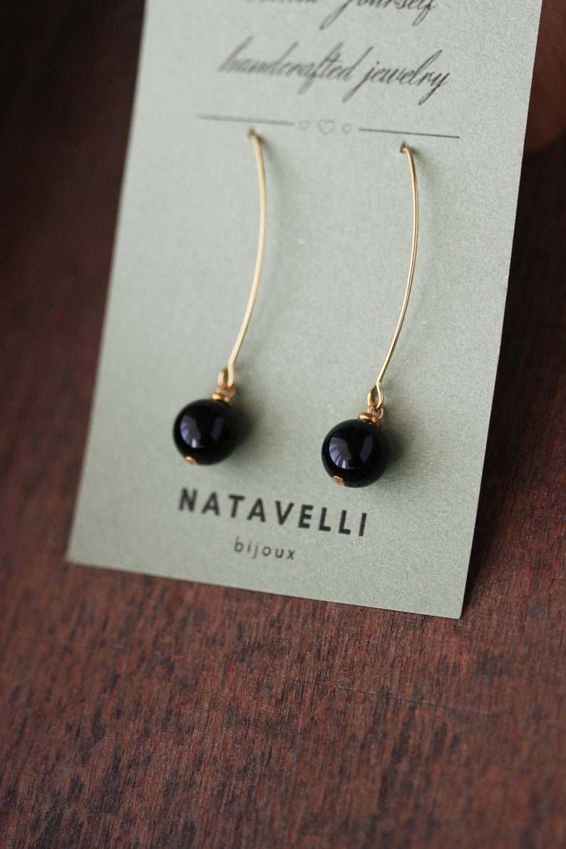 Long Black Onyx Stone Earrings Black Stone Sphere Earrings Dangle Gold Earrings Elegant Simple Earring Trendy Unique Gold Steel Hook Earring image 4