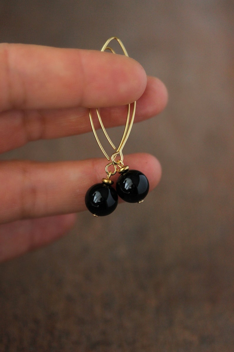 Long Black Onyx Stone Earrings Black Stone Sphere Earrings Dangle Gold Earrings Elegant Simple Earring Trendy Unique Gold Steel Hook Earring image 5