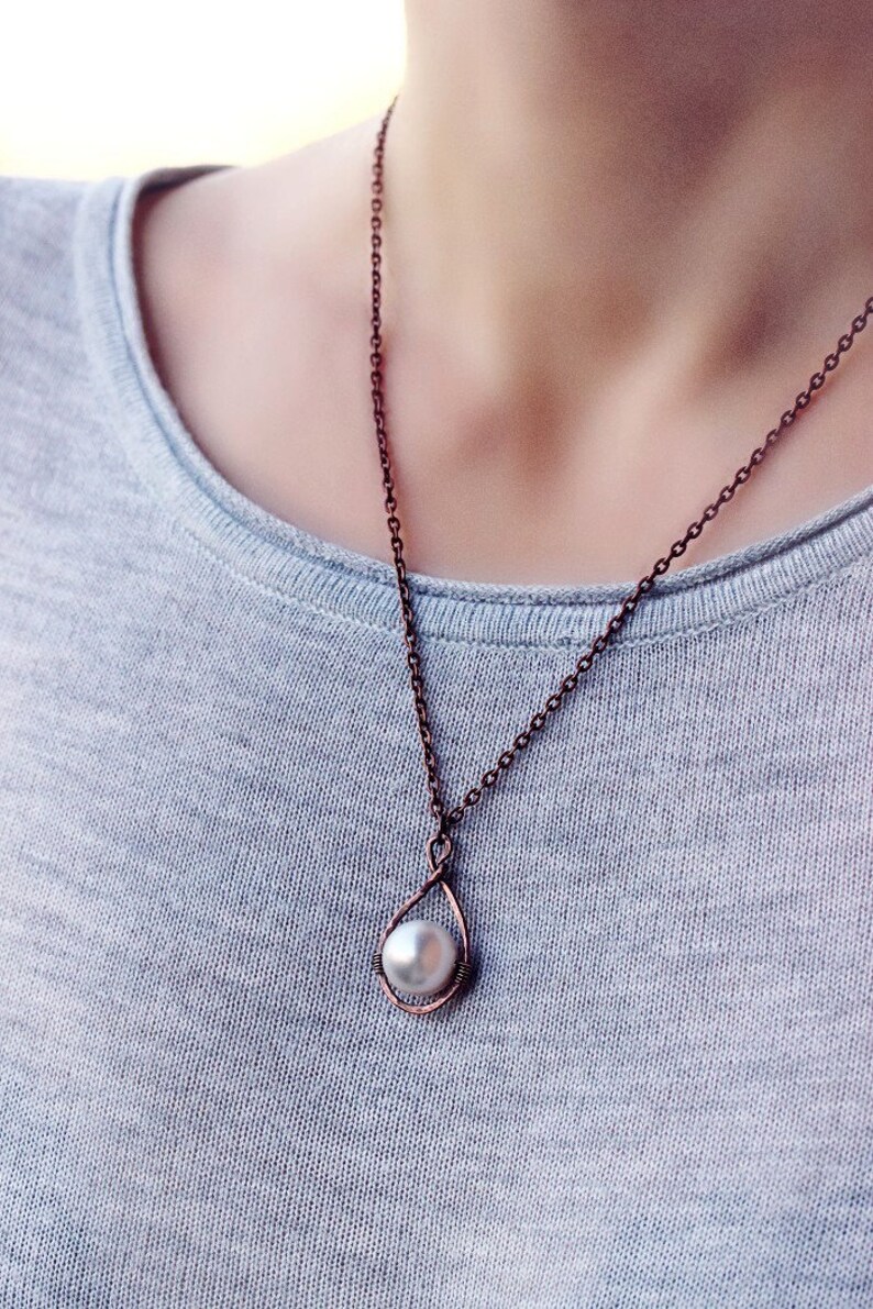 Copper Pearl Necklace Copper Hoop Pendant Copper Pearl Pendant Etsy