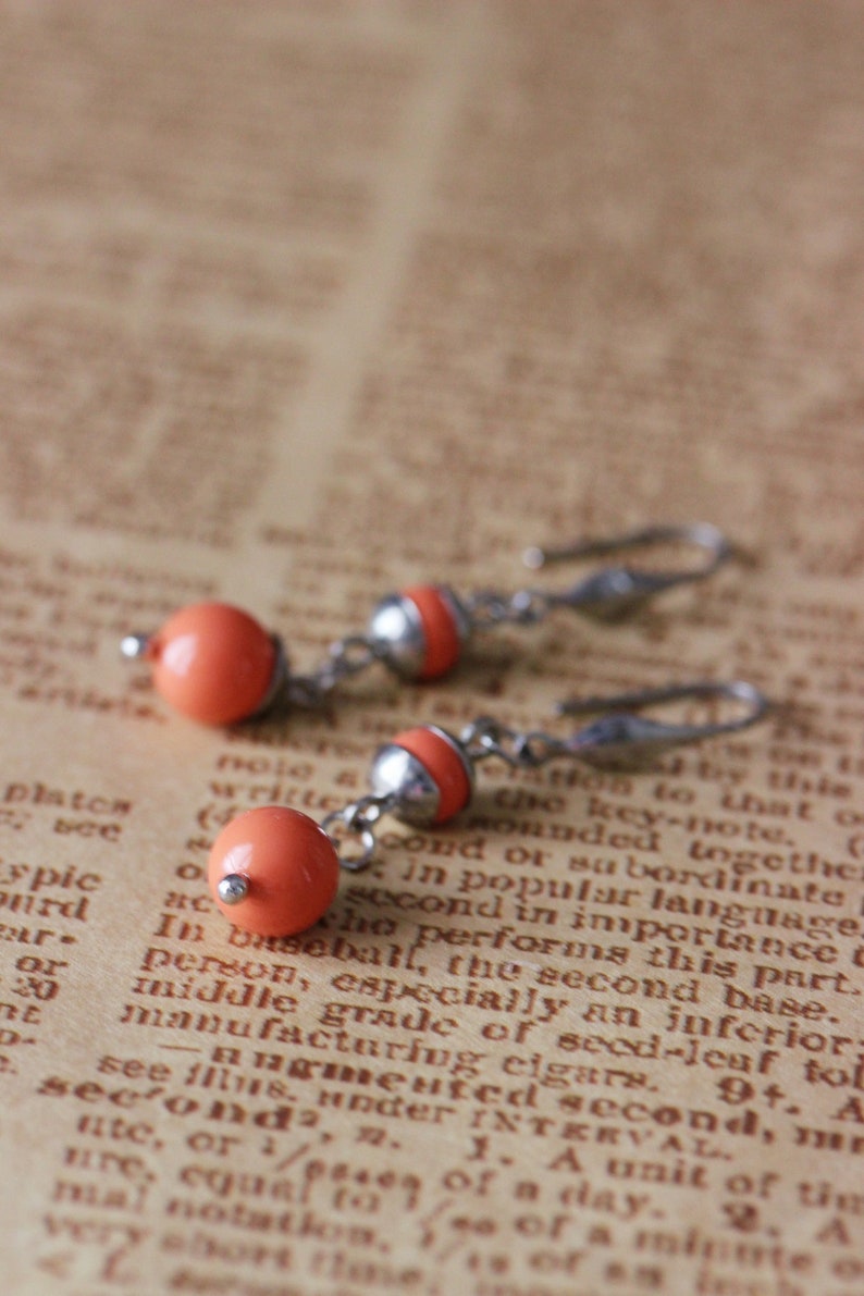 Peach Pink Earrings Stainless Steel Earrings Elegant Dangle Earrings Simple Everyday Earrings Minimalist Beaded Earring Work Coral Earrings