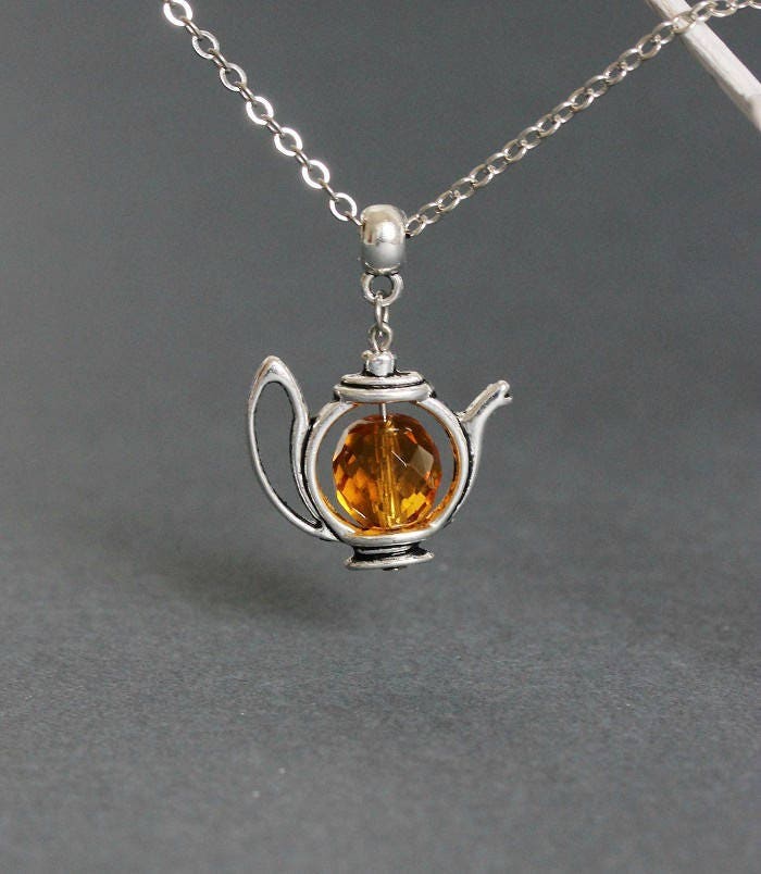 Yellow Tea Necklace Teapot Necklace Silver Teapot Pendant