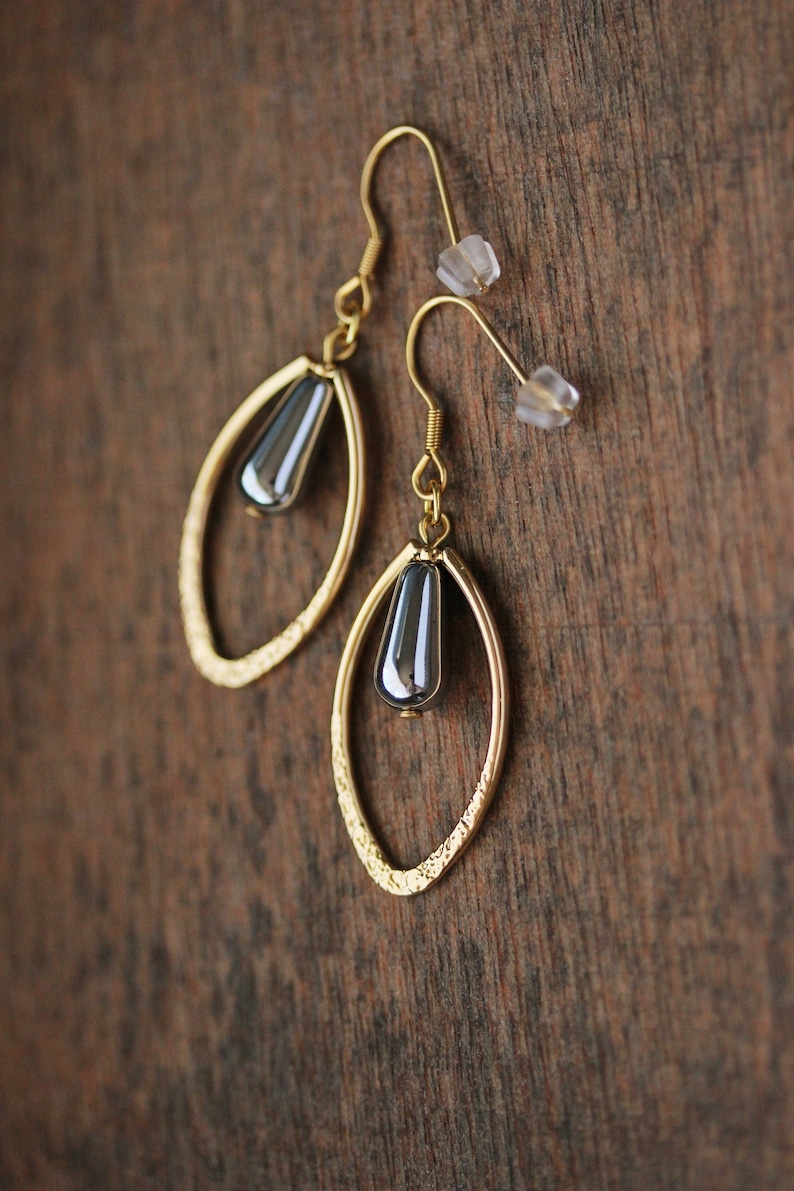 Long Oval Gold Tone Earrings Silver Hematite Stone Earrings Silver Drop Earrings Unique Elegant Dangle Earrings Gold Silver Teardrop Earring zdjęcie 6