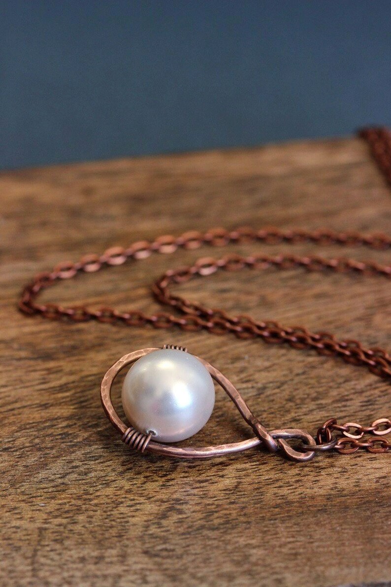 Copper Pearl Necklace Copper Hoop Pendant Copper Pearl Pendant Etsy