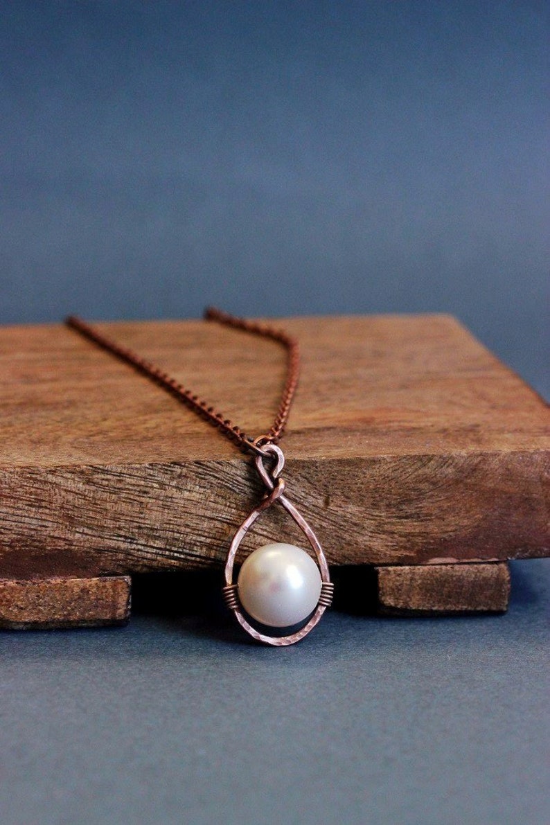 Copper Pearl Necklace Copper Hoop Pendant Copper Pearl Pendant Etsy