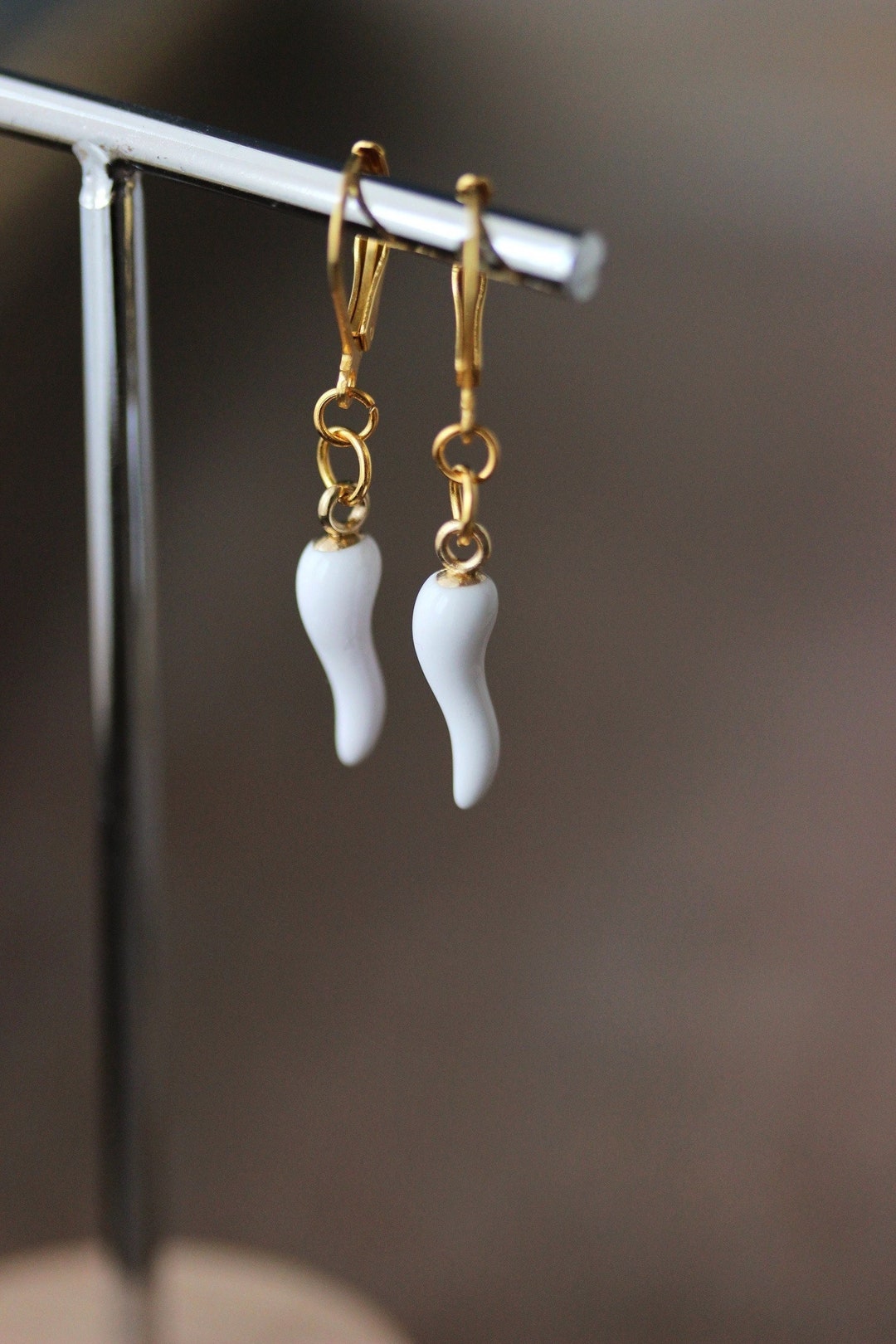 White Italian Horn Earrings Good Luck Amulet Earrings White