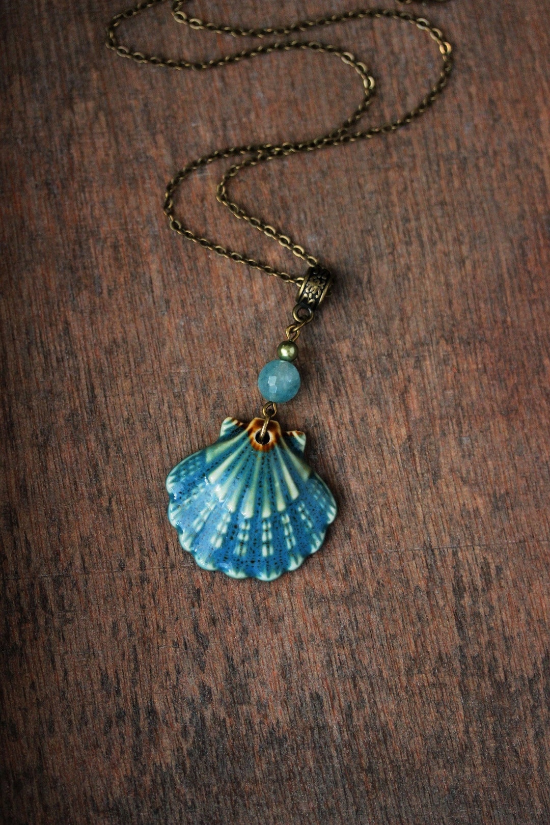 Blue Ceramic Sea Shell Pendant Blue Angelite Stone Bead Necklace ...