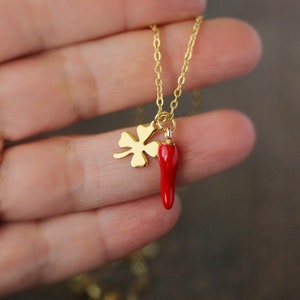 Good Luck Charms Necklace Chili Pepper Pendant Clover Leaf Pendant Boho Pink Gold Necklace Italian Horn Necklace Trendy Birthday Woman Gift image 4