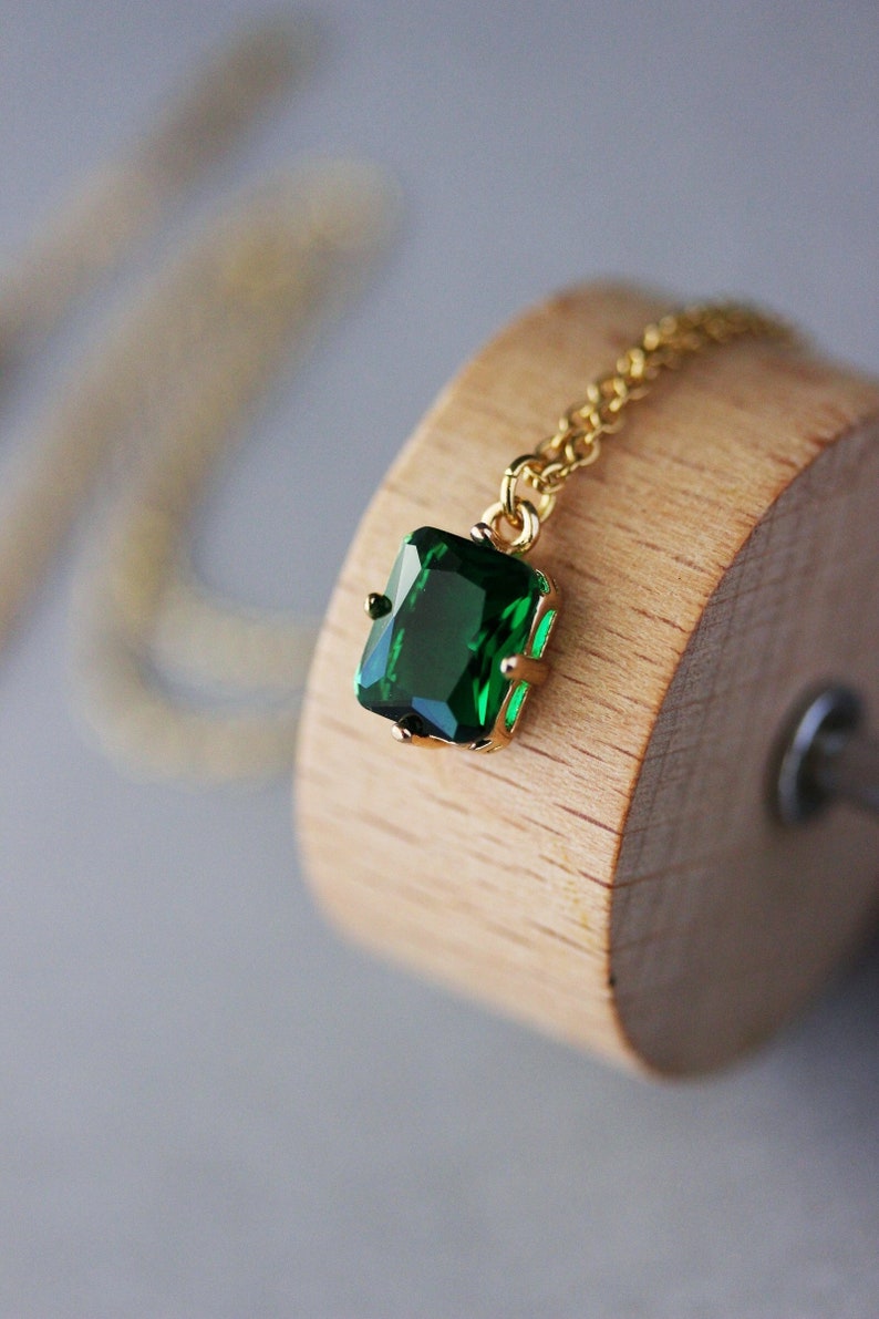 Dainty Green Crystal Necklace Minimalist Small Rectangular Green Glass Pendant Short Green Gold Necklace Emerald Glass Pendant Necklace image 1
